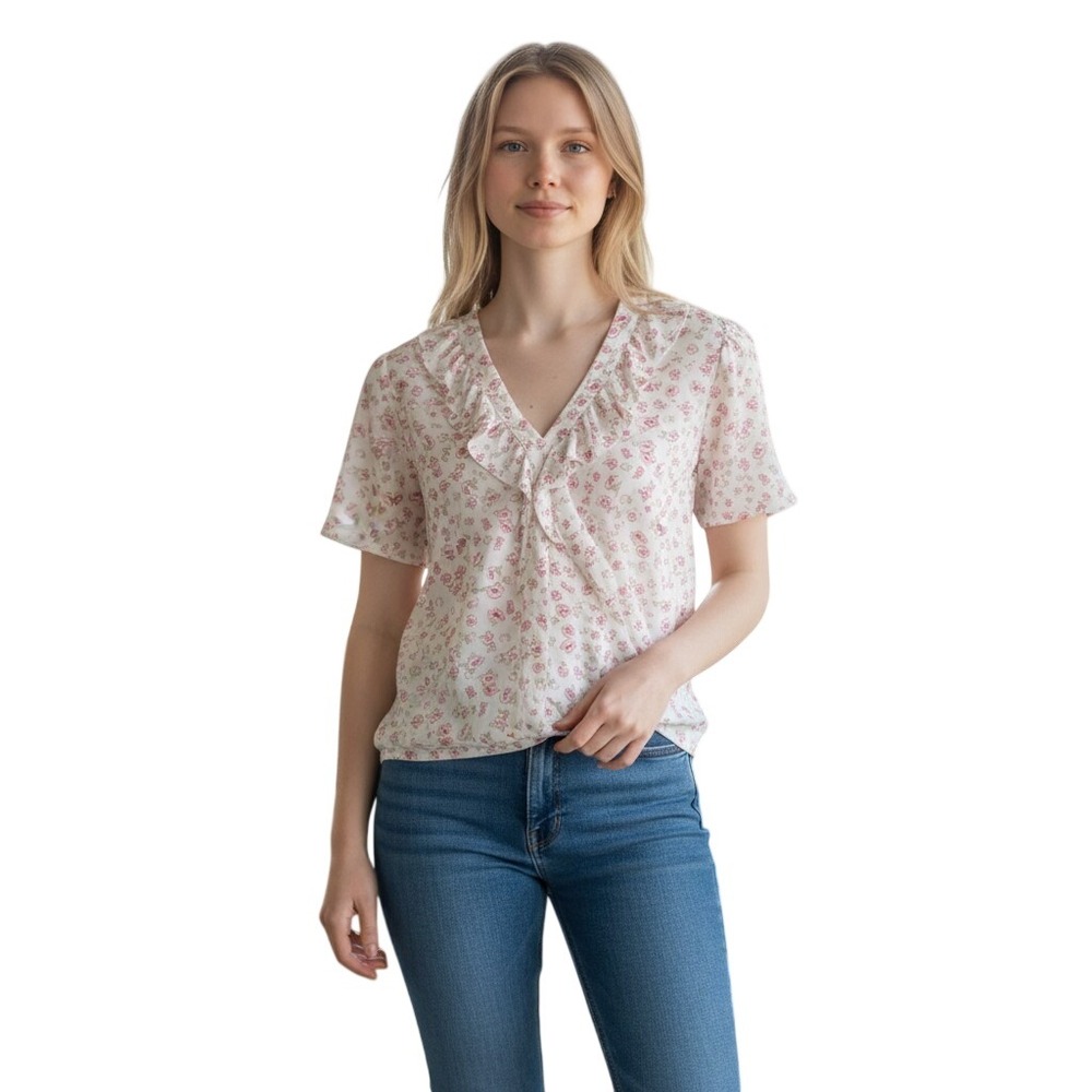 Pleione Womens Ruffle V-Neck Floral Blouse Ivory Pink Rose WQZ511576RK M